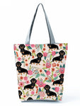 Floral Dog Cat Print Women Tote Handbag