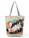 Floral Dog Cat Print Women Tote Handbag