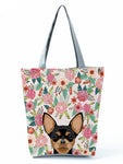 Floral Dog Cat Print Women Tote Handbag