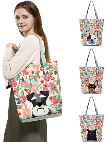 Floral Dog Cat Print Women Tote Handbag
