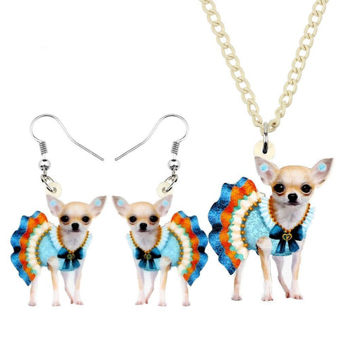 Blue Dress Chihuahua Earrings Necklace Jewelry Sets