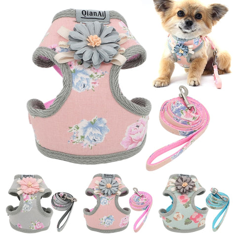 Dog Lovely Floral Harness Leash Set